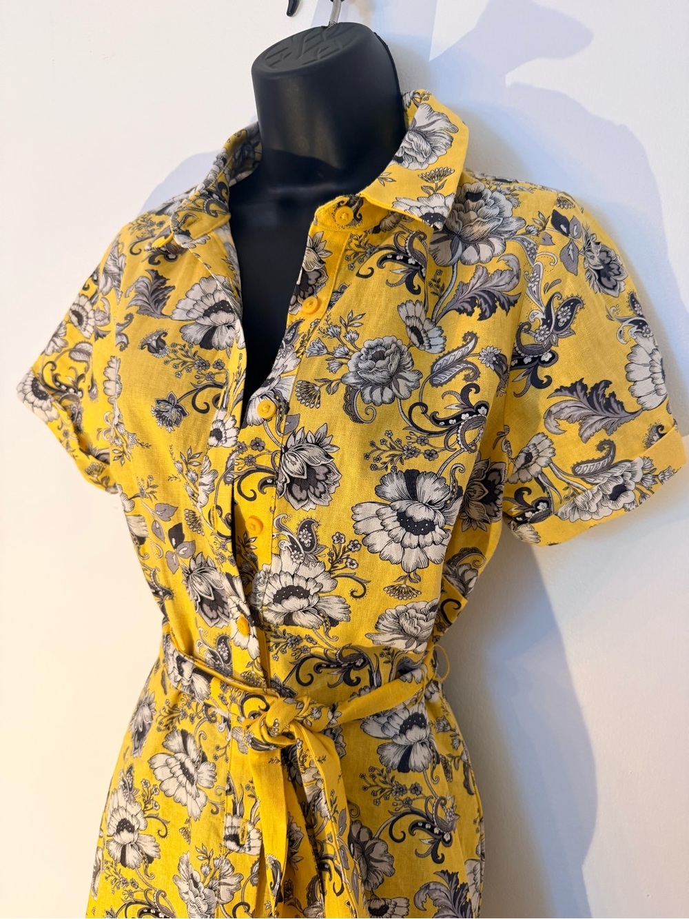 London Times Yellow Floral Button-Down Shirt Dress with Tie Waist